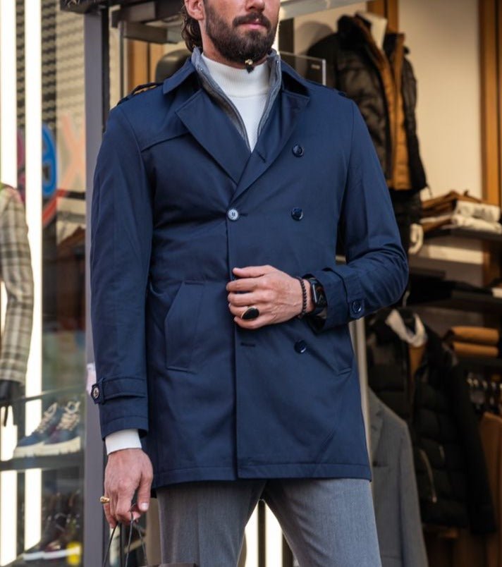 Slim Fit Special Design Wide Collar Trench Coat - Navy Blue