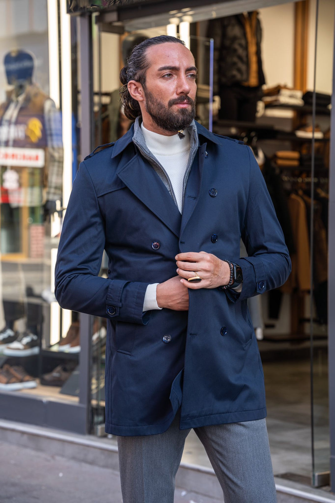 Slim Fit Special Design Wide Collar Trench Coat - Navy Blue