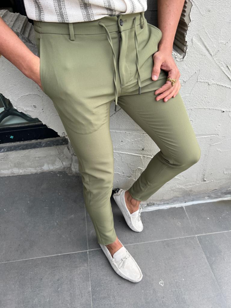 Slim Waist Rope Detail Jogger Pants - Green