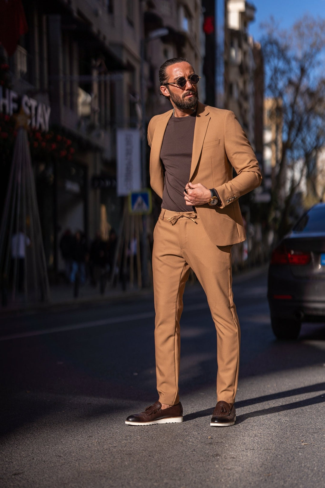 Special Design Alım Fıt Sports Cut Elastıc Waıst Suit - Camel