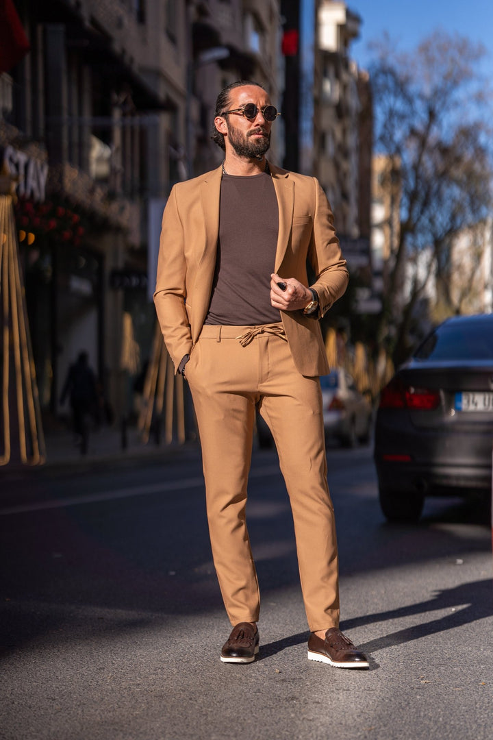 Special Design Alım Fıt Sports Cut Elastıc Waıst Suit - Camel