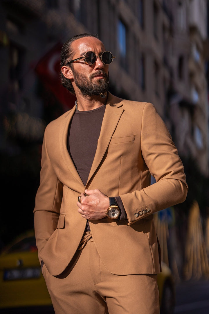 Special Design Alım Fıt Sports Cut Elastıc Waıst Suit - Camel