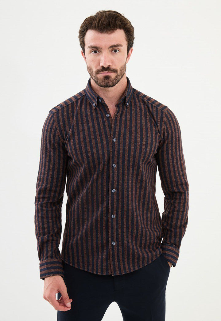 Special Design Slim Fit Brown-Navy Blue Shirt