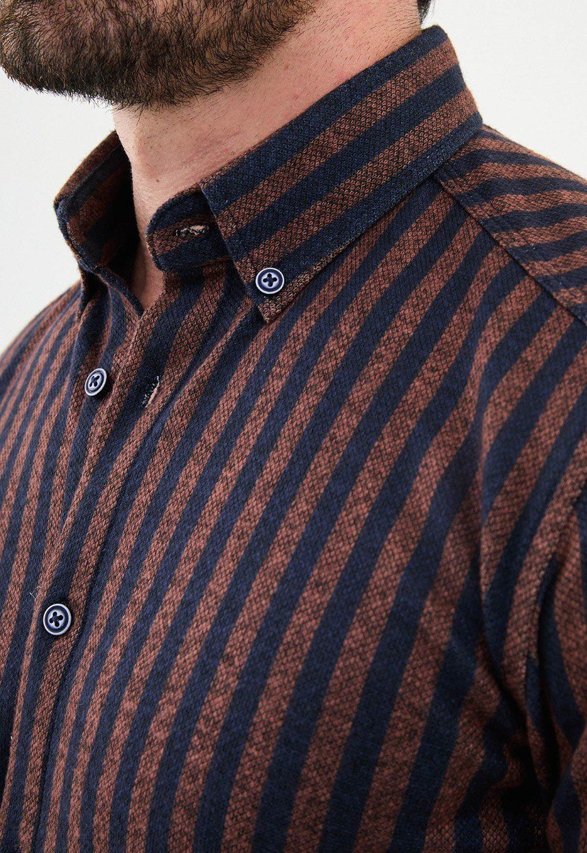 Special Design Slim Fit Brown-Navy Blue Shirt