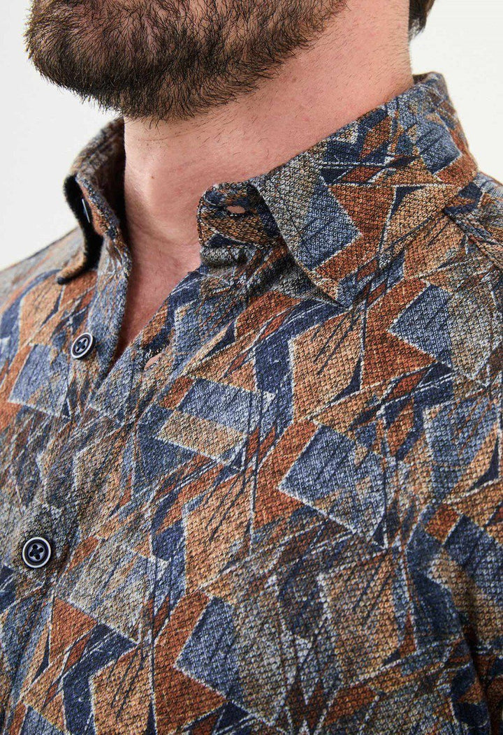 Special Design Slim Fit Camel-Blue Shirt