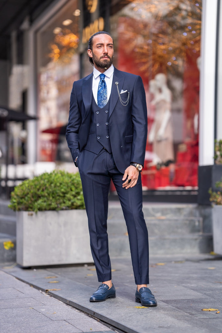 Special Design Slim Fit Lycra Fabric Plain Suit - Navy Blue