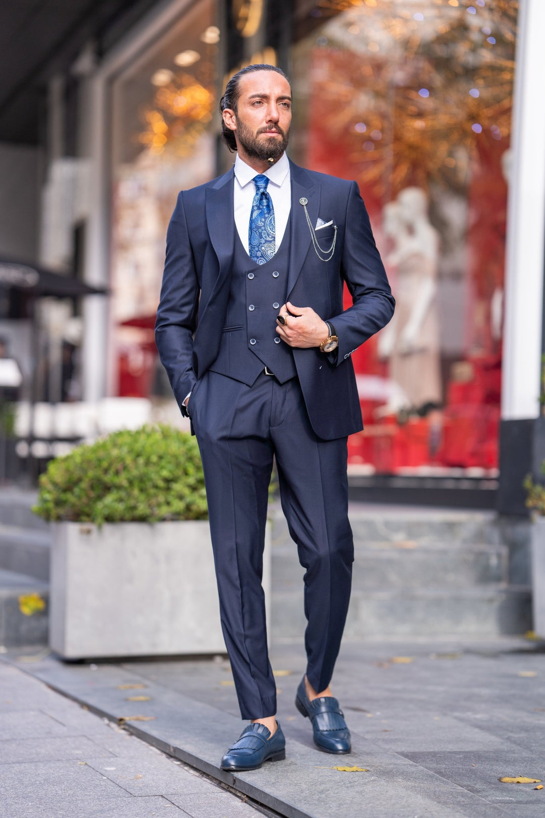 Special Design Slim Fit Lycra Fabric Plain Suit - Navy Blue