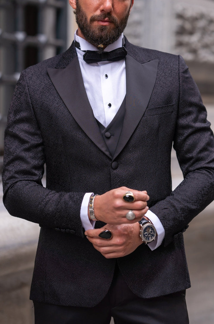 Special Design Slim Fit Self-patterned Satin Collar Tuxedo - Black