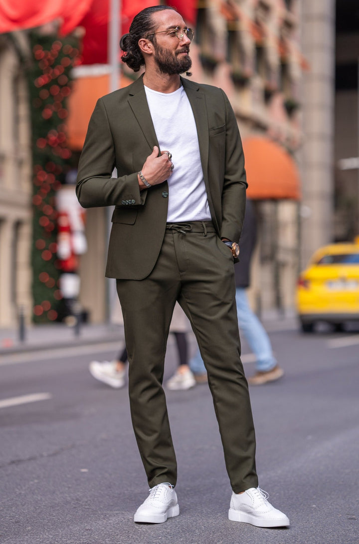 Special Design Slim Fit Sports Cut Elastıc Waist Suit - Khaki