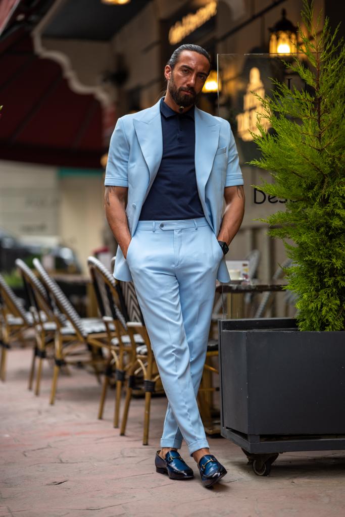 Wide Collar Short Sleeve One Button Slim Fit Suit - Blue