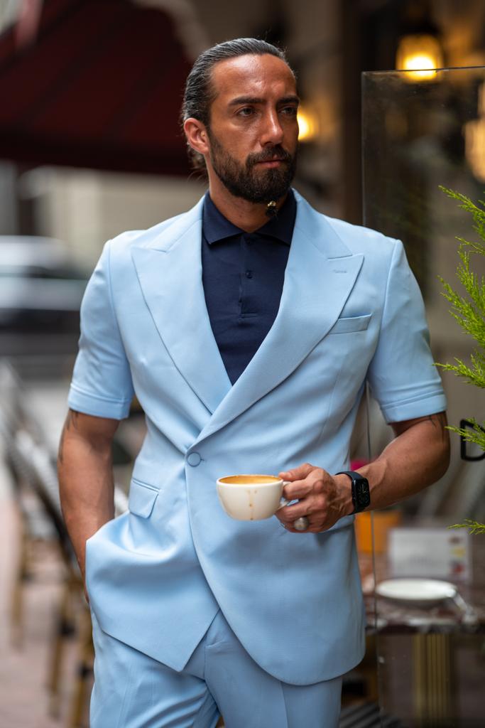 Wide Collar Short Sleeve One Button Slim Fit Suit - Blue