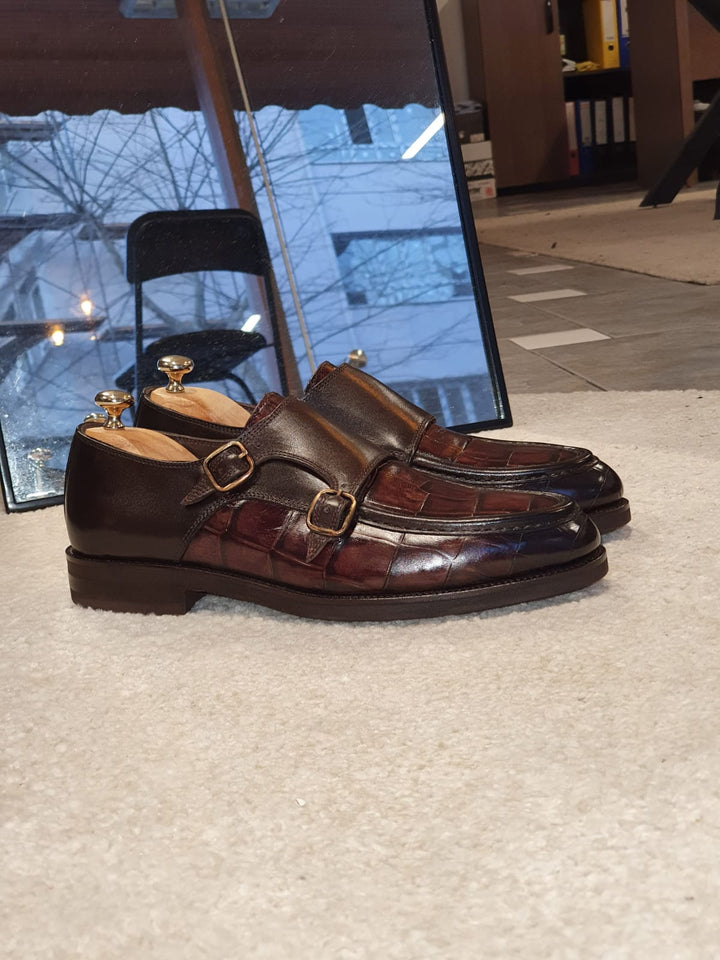 Ralph MenStyleWith Special Edition Double Buckle Croc Brown Leather Shoes - MENSTYLEWITH