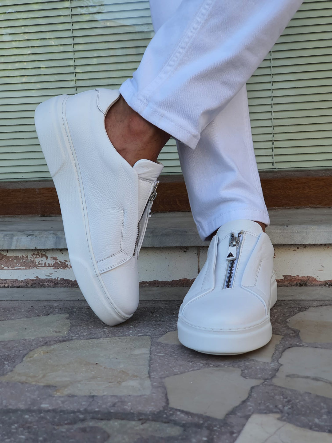 Lucas Special Edition Eva Sole White Zippered Leather Sneakers - MENSTYLEWITH