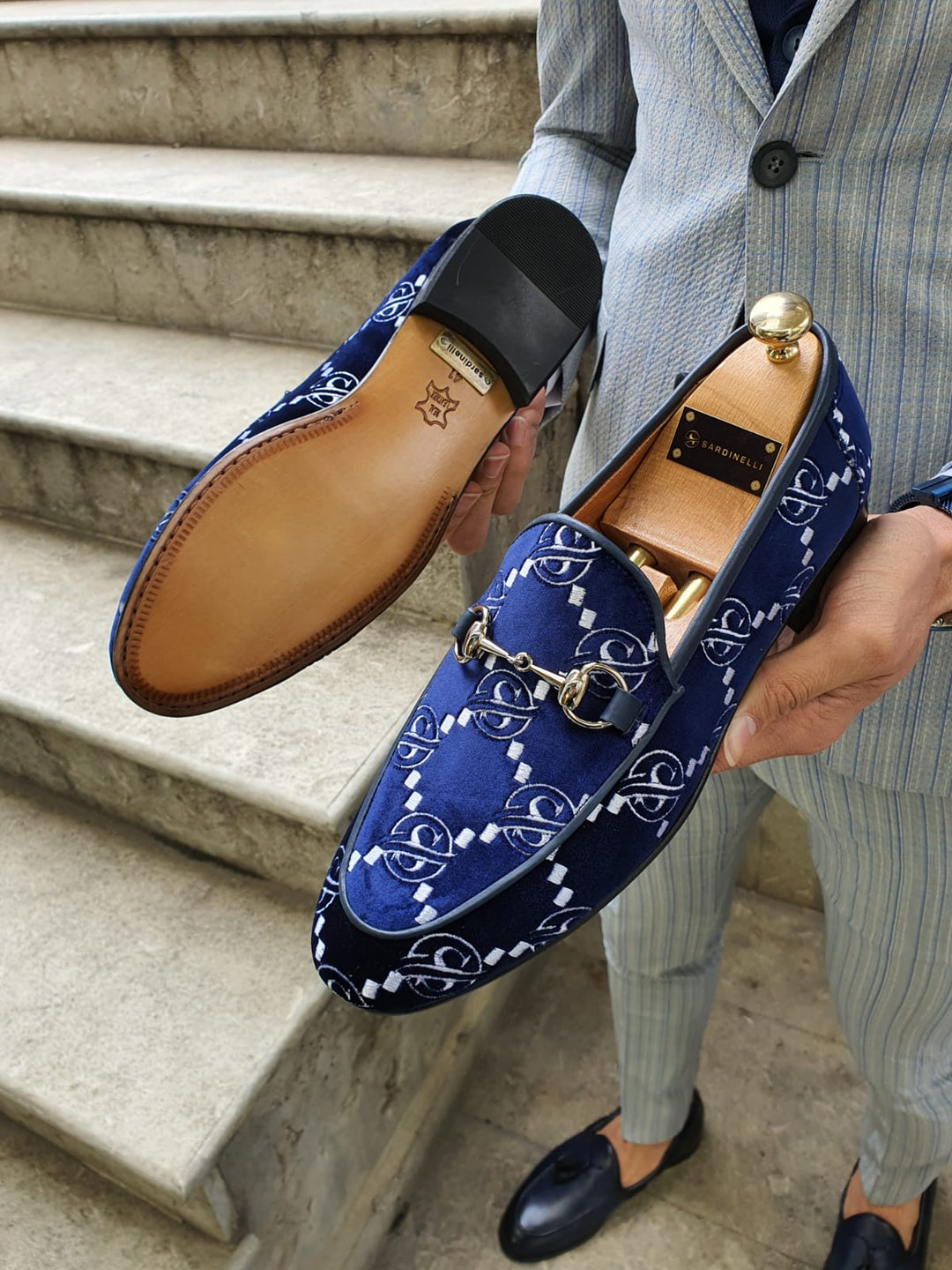 Genova MenStyleWith Embroidered Velvet Buckled Navy Loafers - MENSTYLEWITH