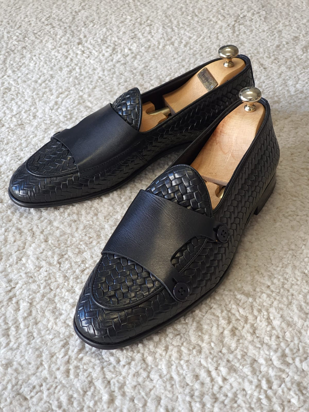 Vince MenStyleWith Double Button Knitted Leather Black Loafer - MenStyleWith