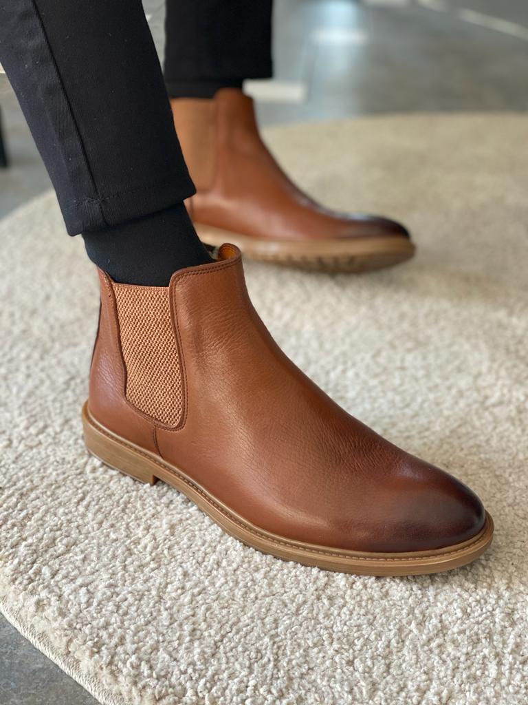 Warren Rubber Sole Genuine Leather Camel Chelsea Boots - MENSTYLEWITH