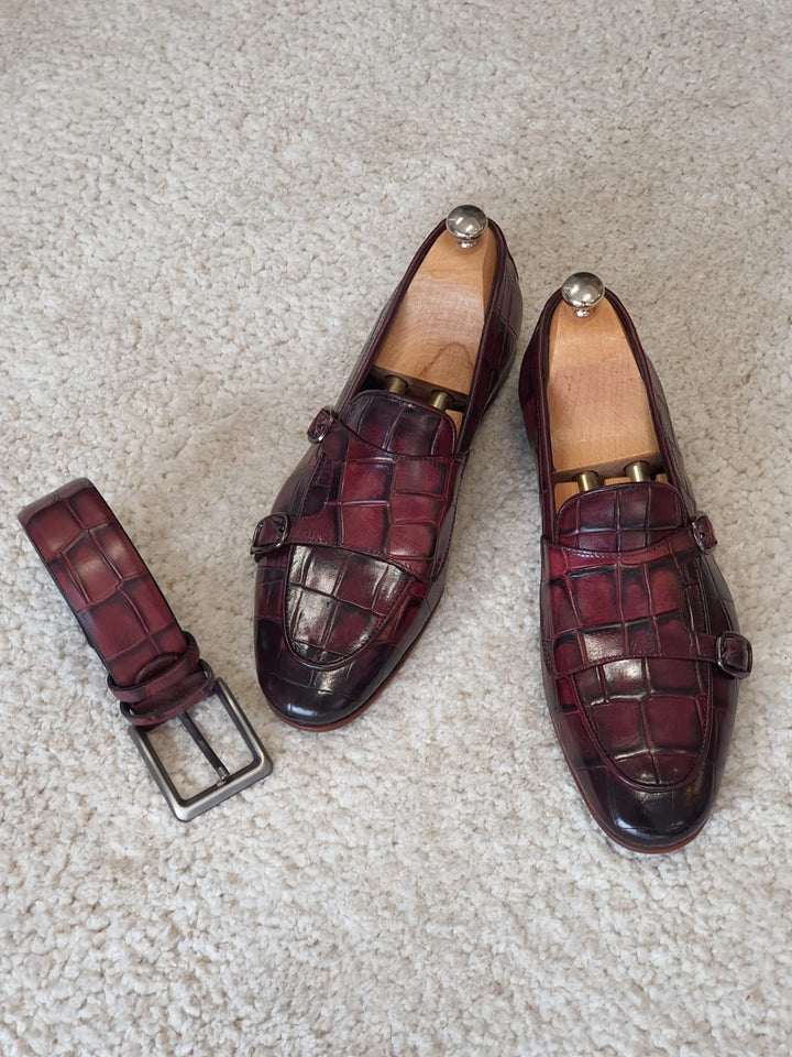 Ross MenStyleWith Croc Detailed Claret Red Leather Shoes - MENSTYLEWITH