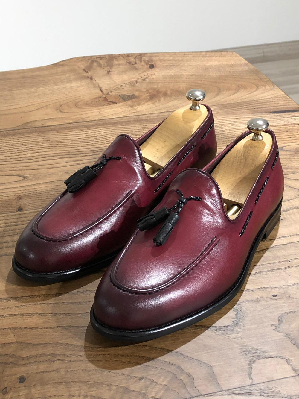 Tasseled Leather Claret Red Loafers - MENSTYLEWITH
