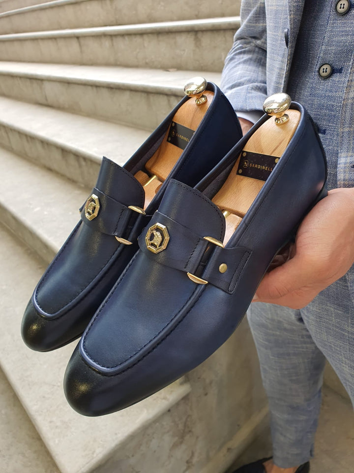 MenStyleWith Buckled Detail Navy Leather Shoes - MENSTYLEWITH