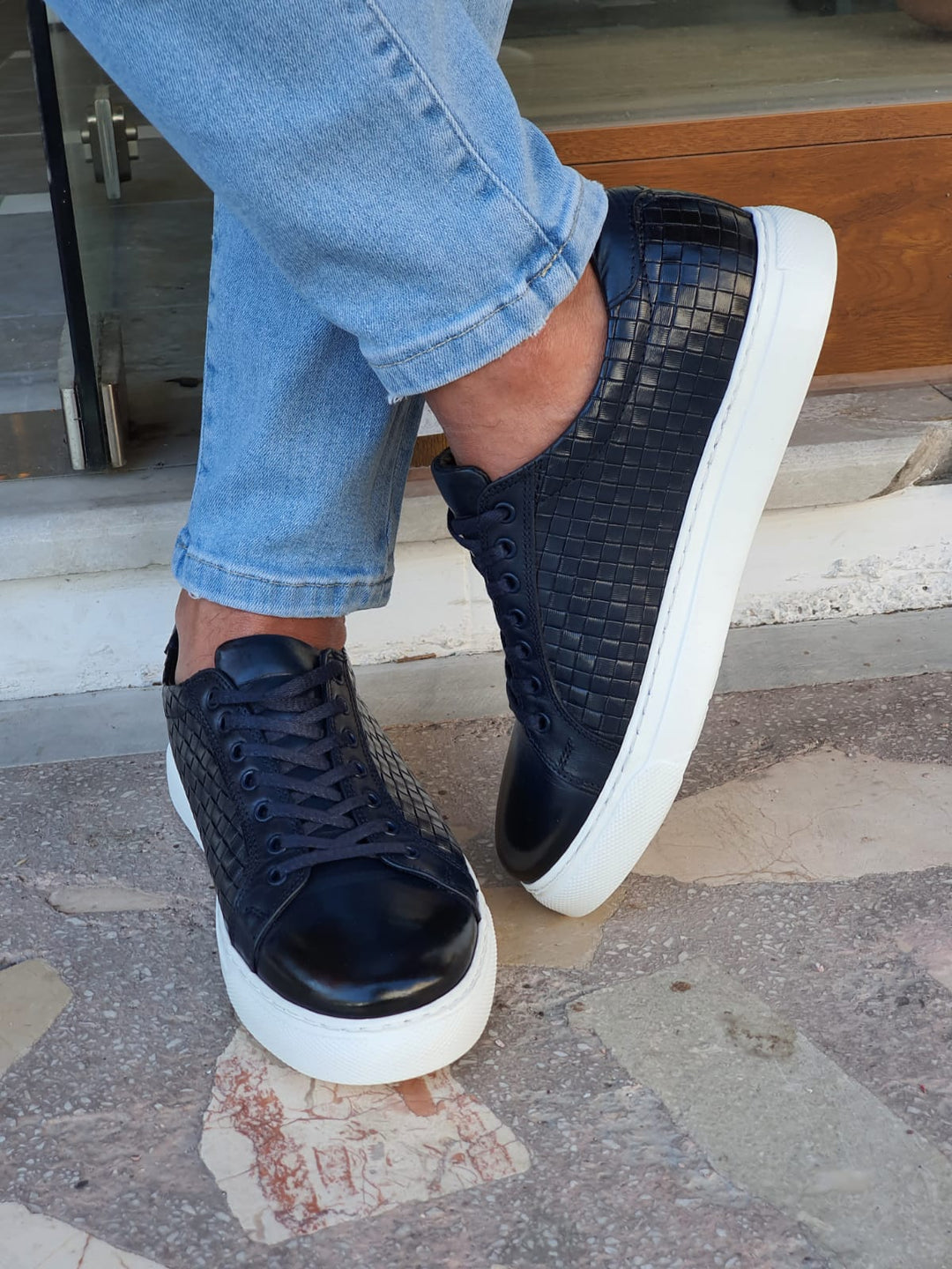 Jason MenStyleWith Lace up Eva Sole Navy Grid Sneakers - MENSTYLEWITH