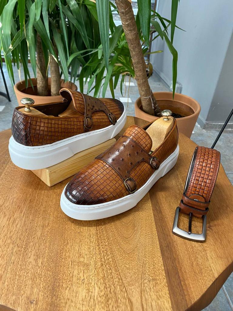 Grant Black Woven Camel Buckled Leather Shoes - MENSTYLEWITH