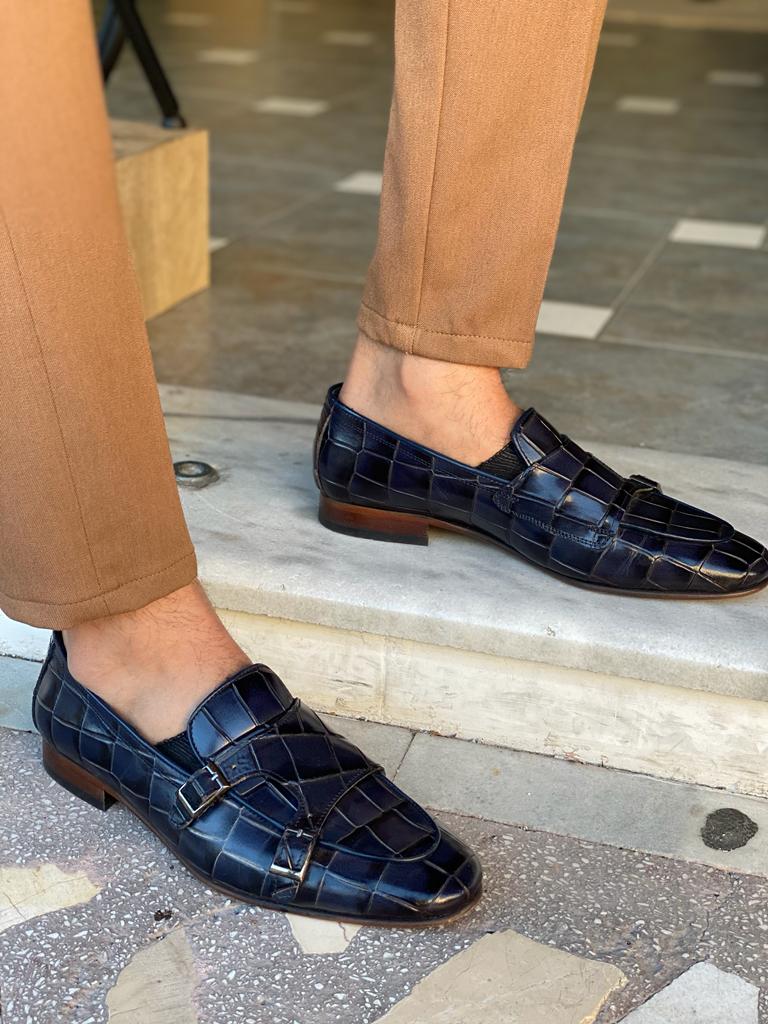 Grant Double Buckled Croc Dark Blue Leather Loafer - MENSTYLEWITH