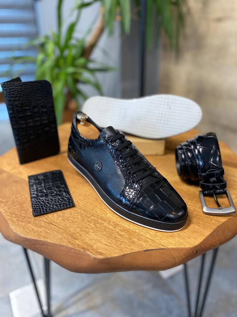 Grant Special Designed Croc Black Leather Shoes - MENSTYLEWITH