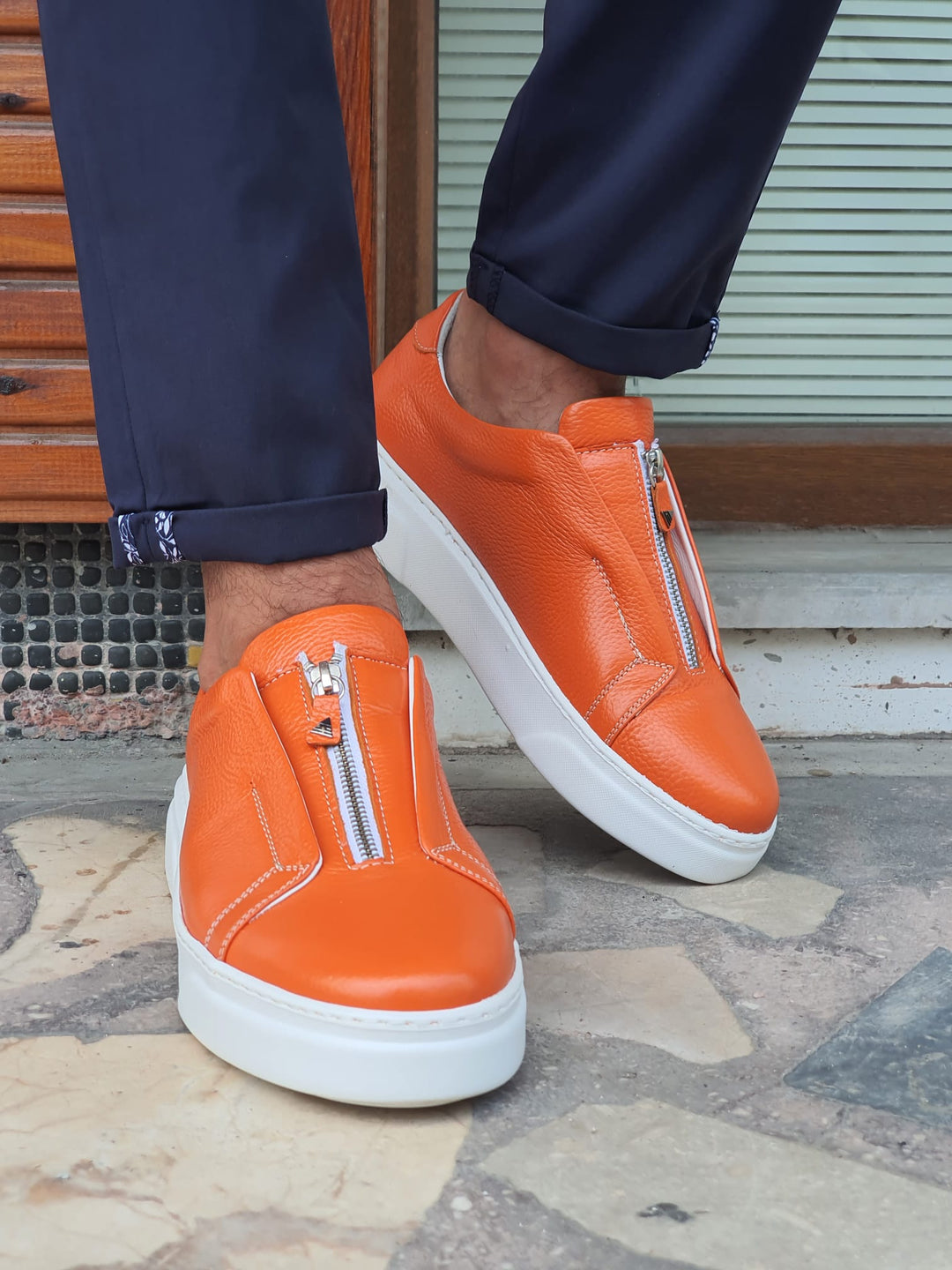 Chase Menstylewith Eva Sole Orange Zippered Leather Shoes - MENSTYLEWITH