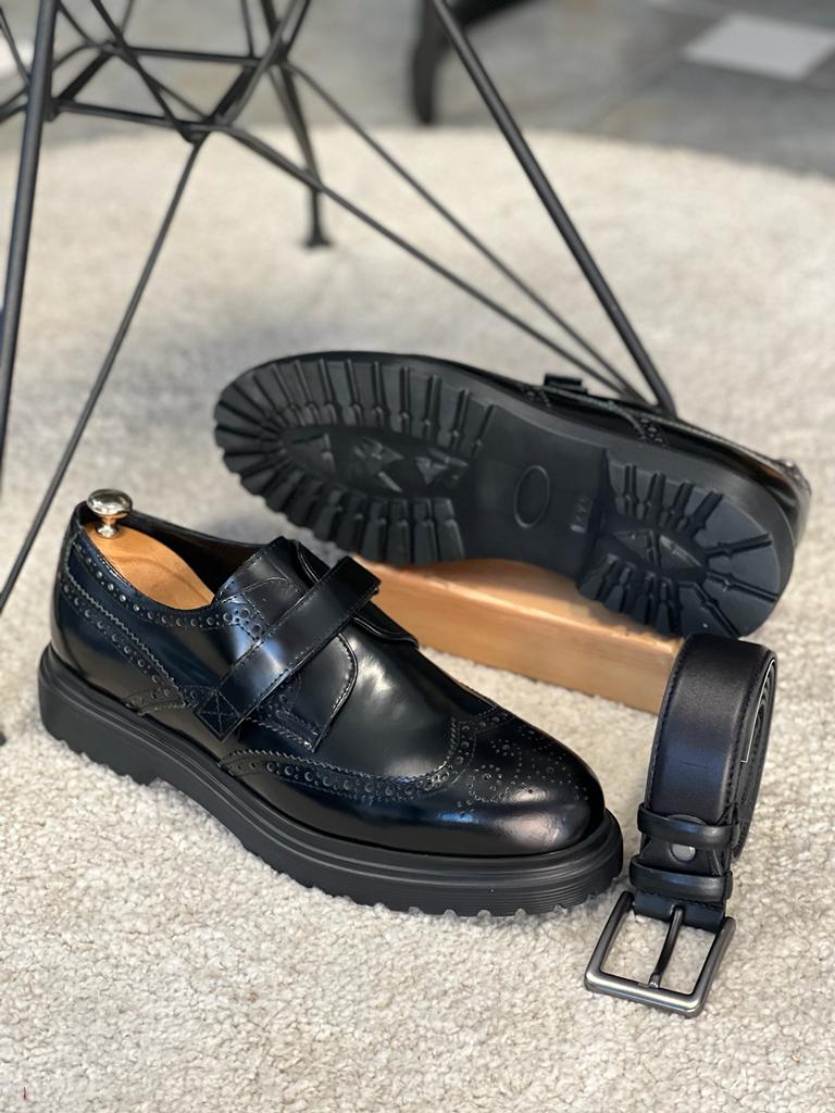 Trent Eva Sole Buckle Detailed Black Leather Shoes - MENSTYLEWITH