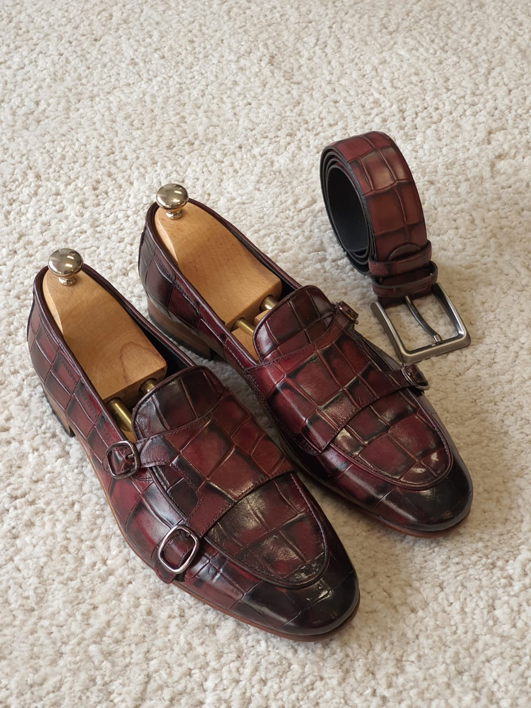 Ross MenStyleWith Croc Detailed Claret Red Leather Shoes - MENSTYLEWITH