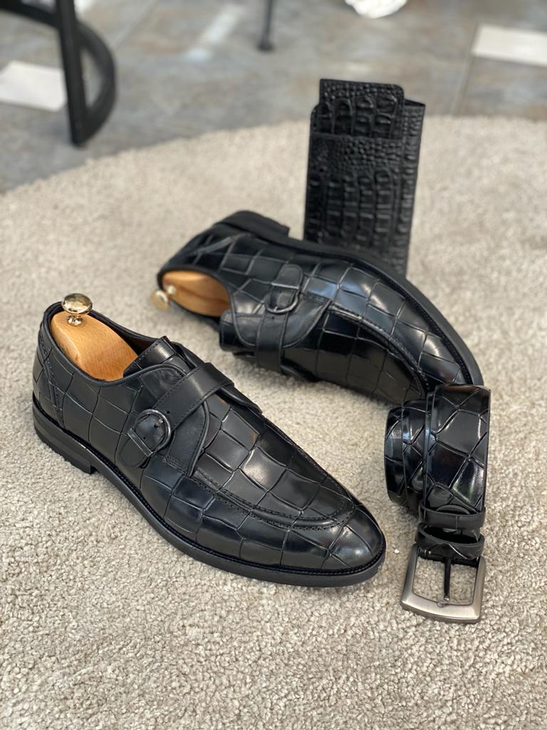 Rob Single Buckled Eva Sole Croc Black Leather Shoes - MENSTYLEWITH