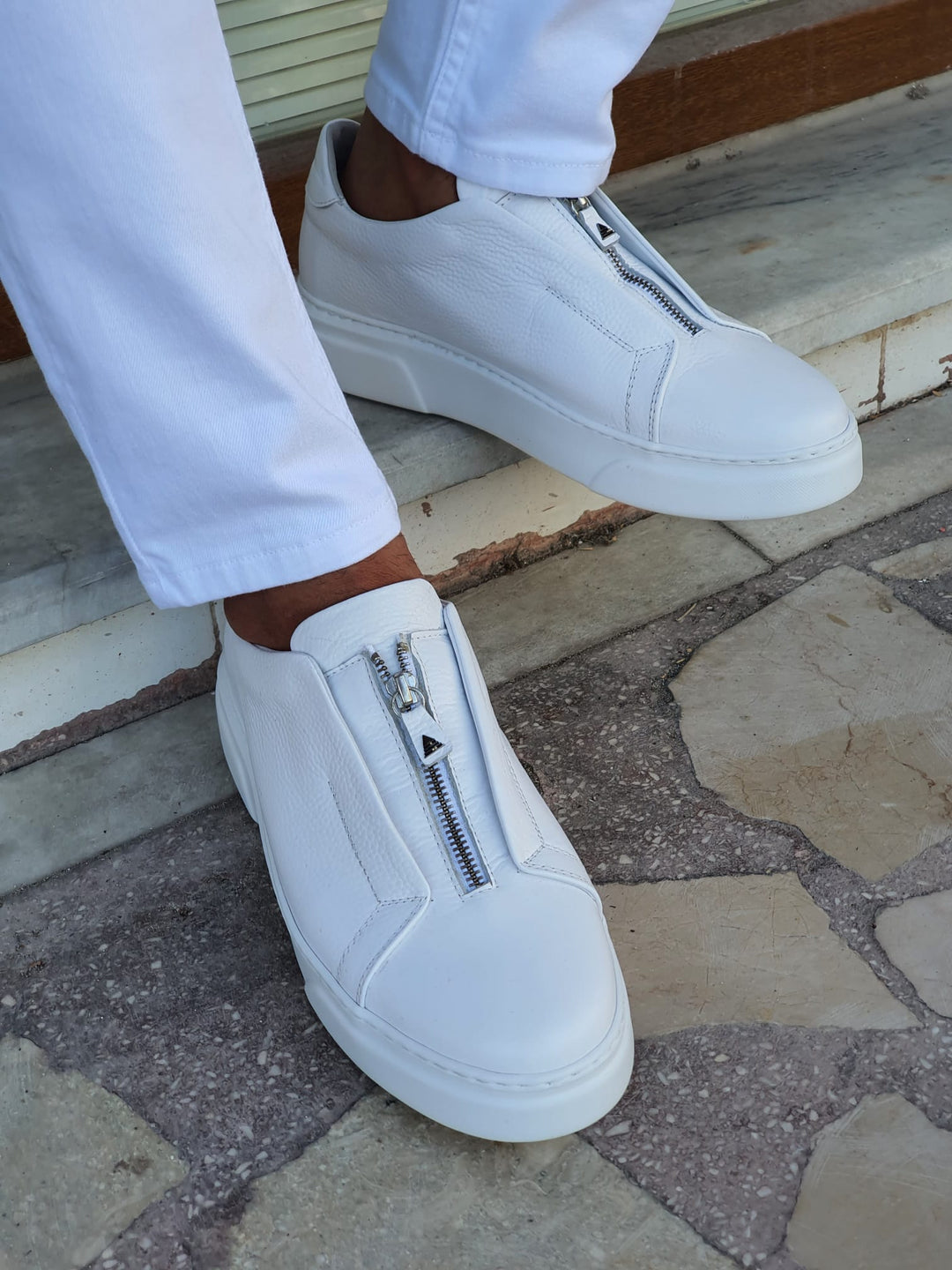 Lucas Special Edition Eva Sole White Zippered Leather Sneakers - MENSTYLEWITH