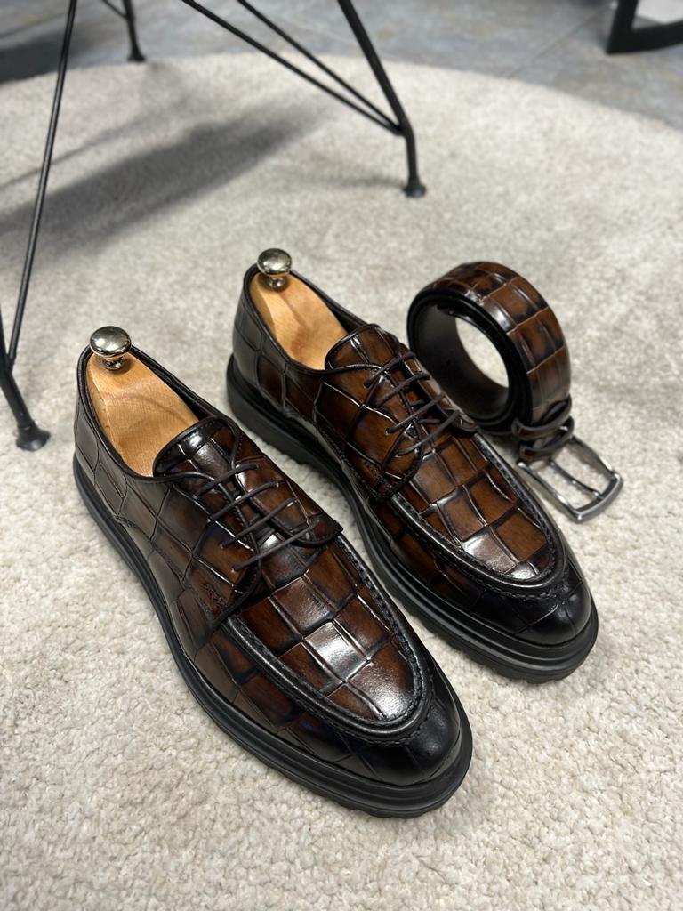 Karl Eva Sole Croc Detailed Brown Shoes - MENSTYLEWITH