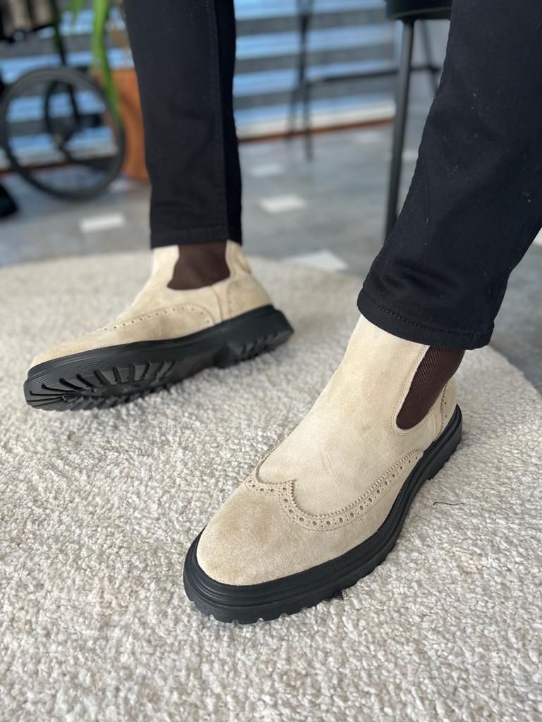 Trent Eva Sole Suede Leather Beige Chelsea Boots - MENSTYLEWITH