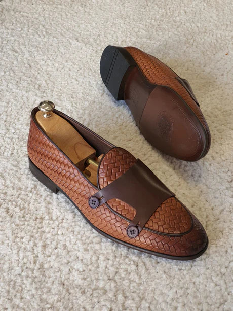 Tan Knit Leather Loafers