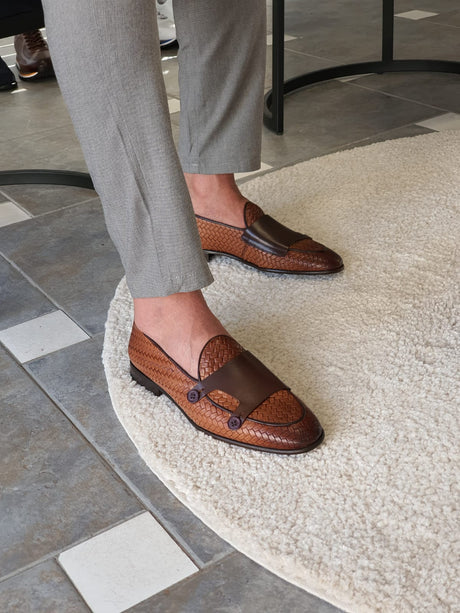 Tan Knit Leather Loafers