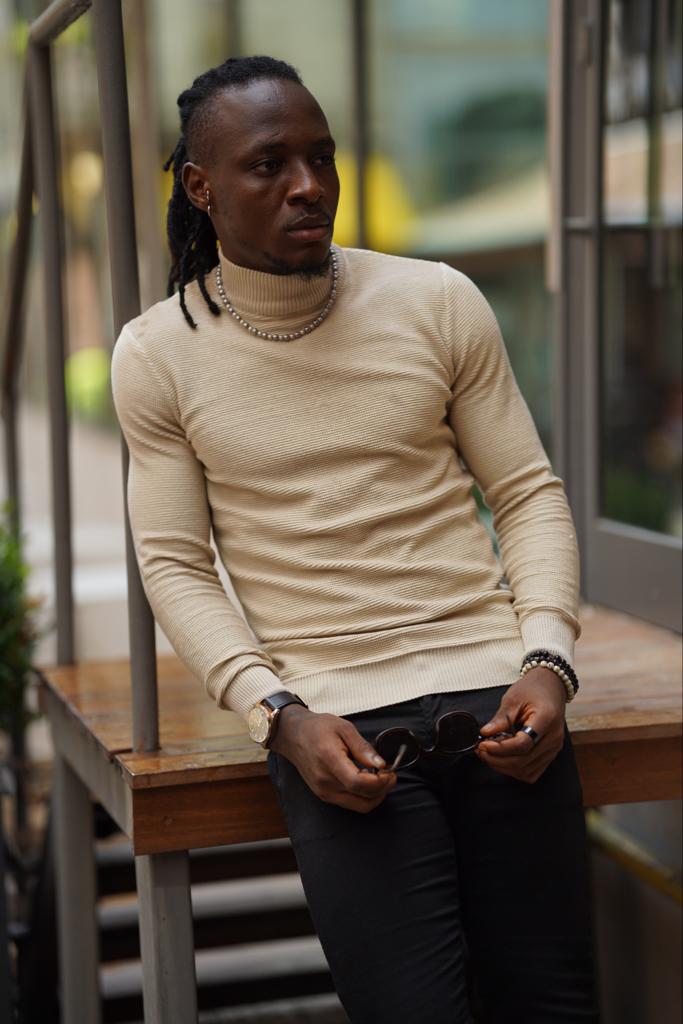 Custom Design Half Collar Turtleneck Sweater -  Beige