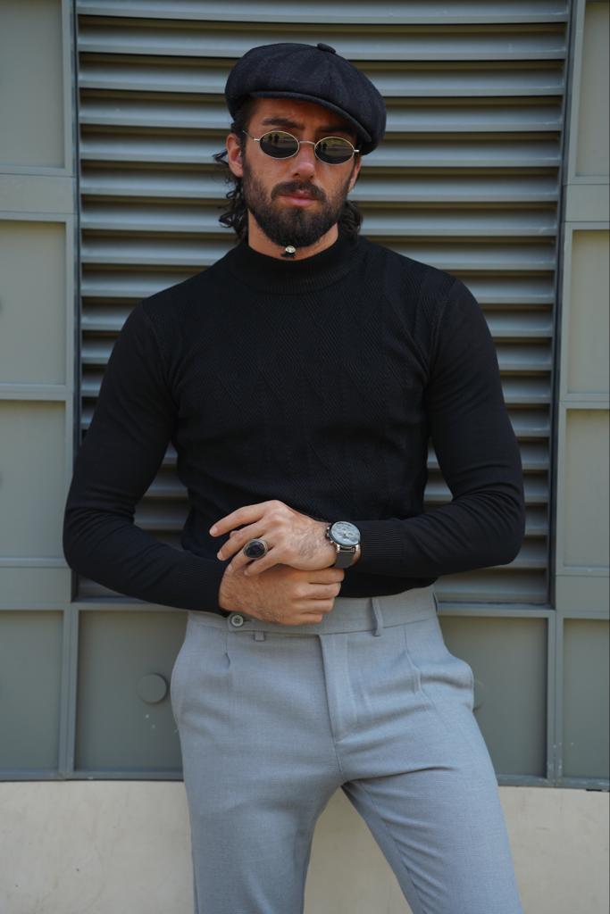 Custom Design Half Collar Turtleneck Sweater - Black