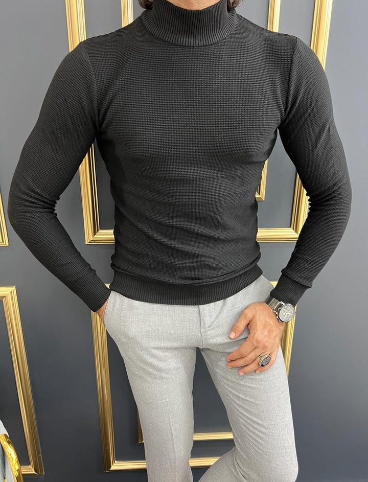 Custom Design Half Collar Turtleneck Sweater -   Black