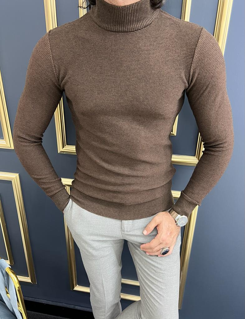 Custom Design Half Collar Turtleneck Sweater -  Brown