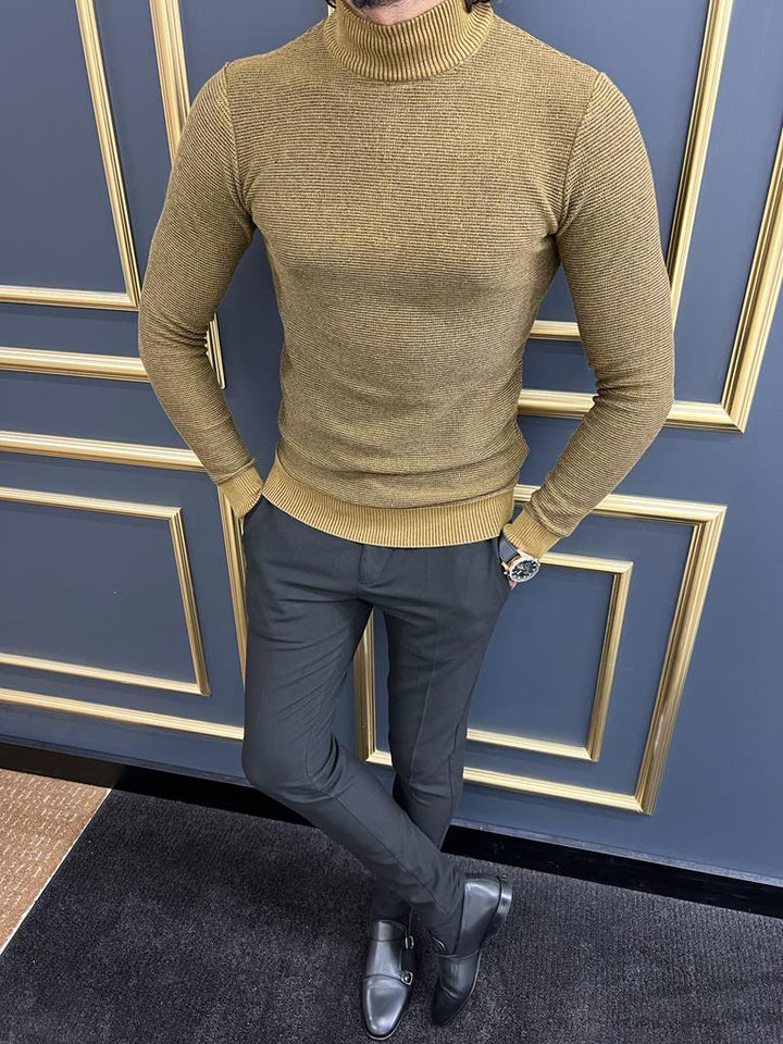 Custom Design Half Collar Turtleneck Sweater -  Camel
