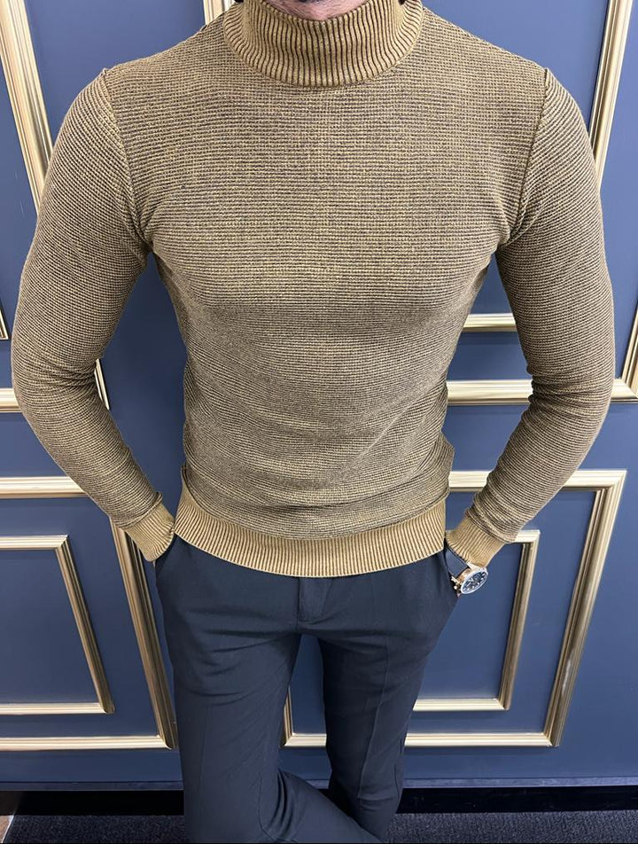 Custom Design Half Collar Turtleneck Sweater -  Camel