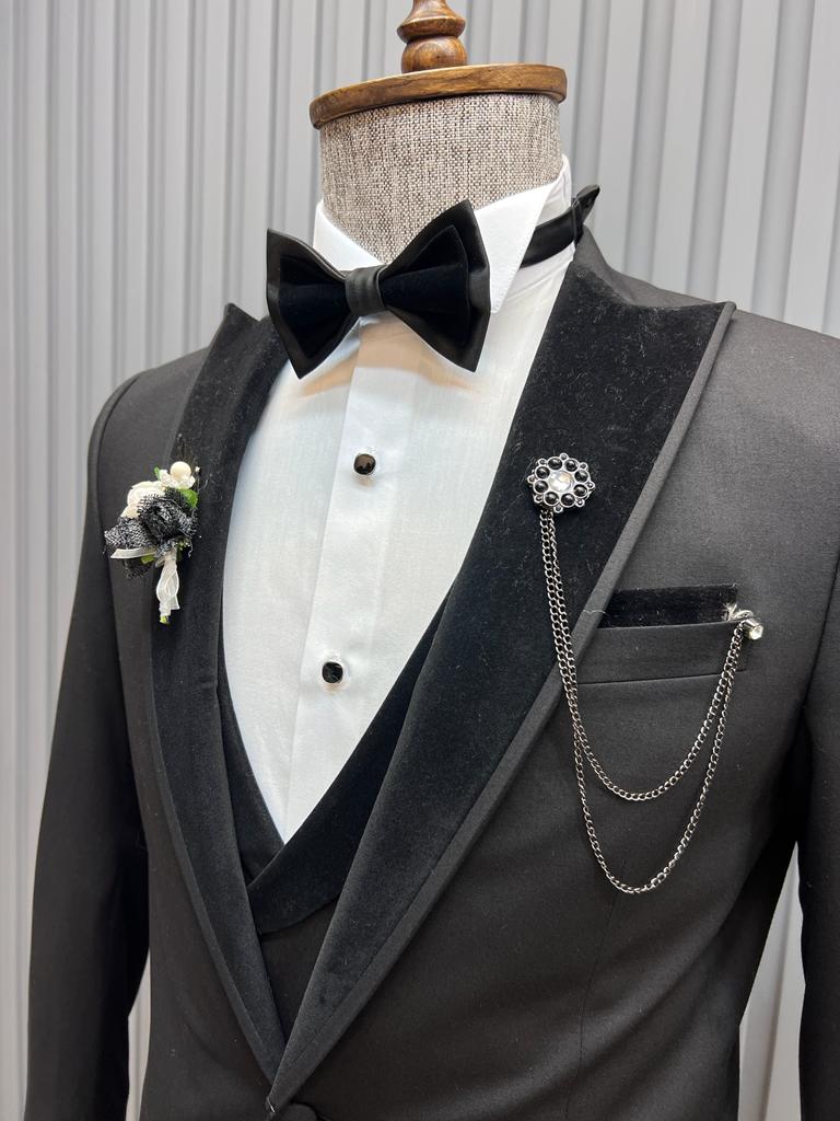 Slim Fit Special Design Velvet Detailed Tuxedo- Black