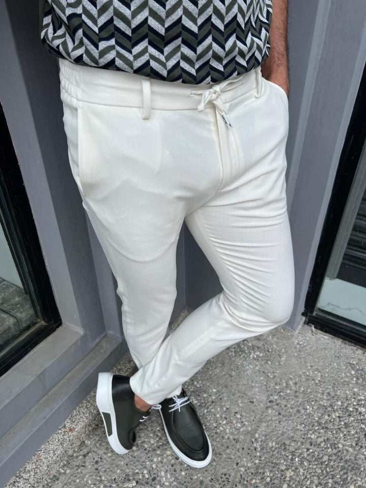 Slim Waist Rope Detailed Jogger Pants -  White