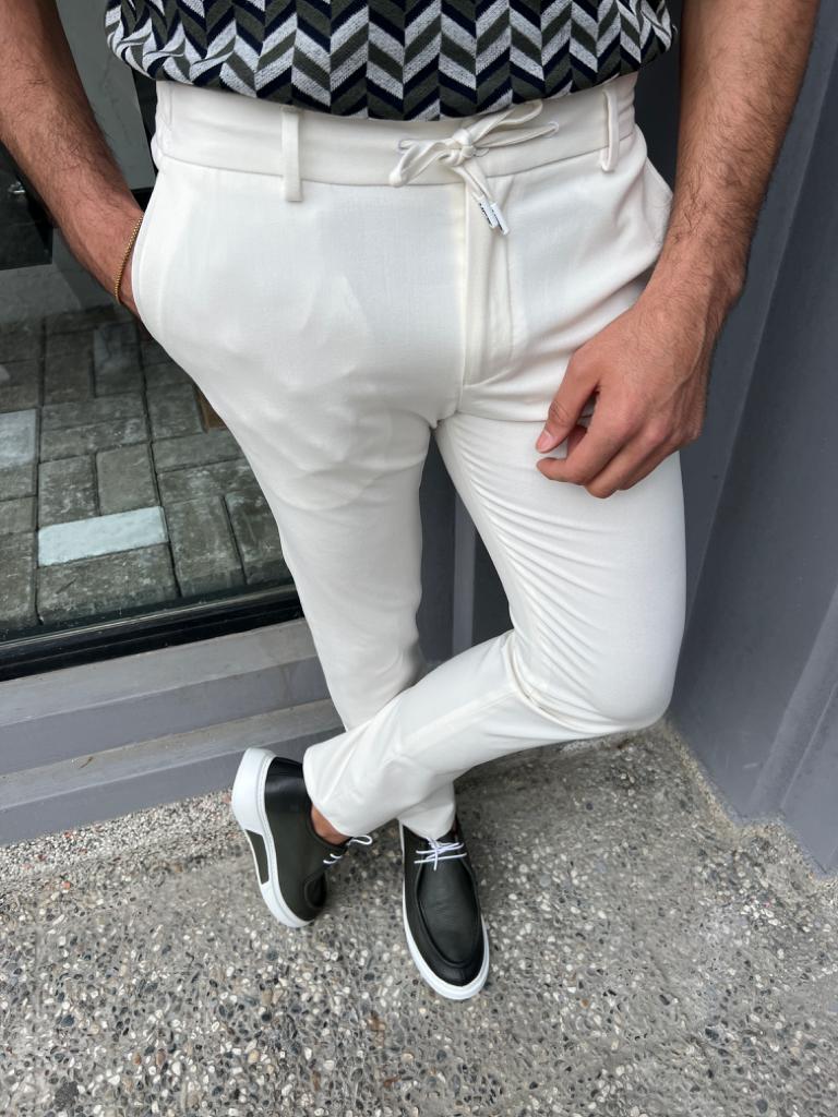 Slim Waist Rope Detailed Jogger Pants -  White