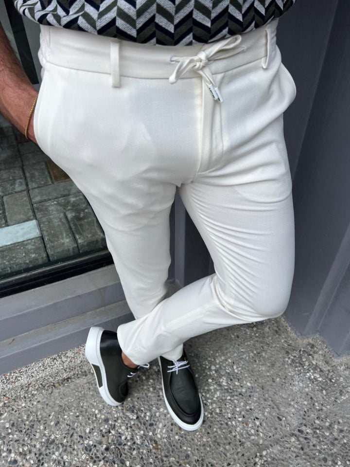 Slim Waist Rope Detailed Jogger Pants -  White