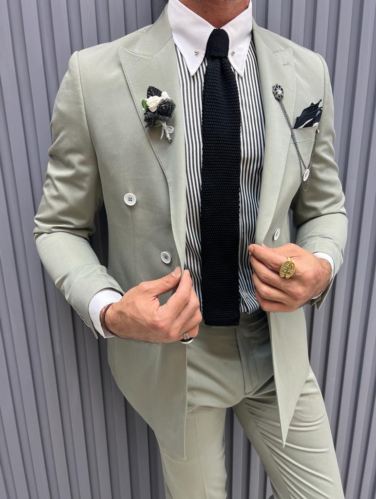 Double-breasted Detail Mono Collar Suit - Mint