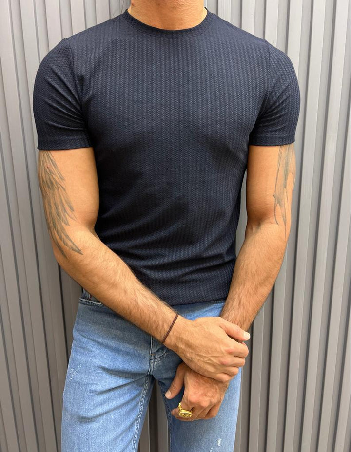 Fine Textured Crew Neck T-shirt- Dark Blue