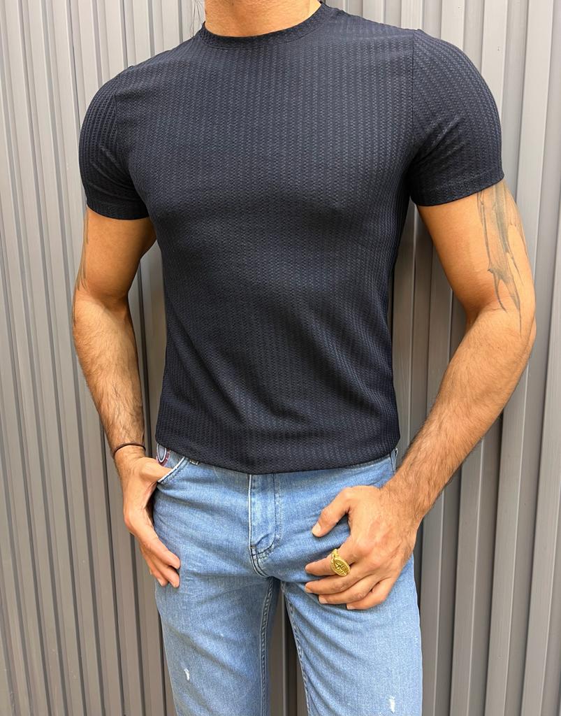 Fine Textured Crew Neck T-shirt- Dark Blue