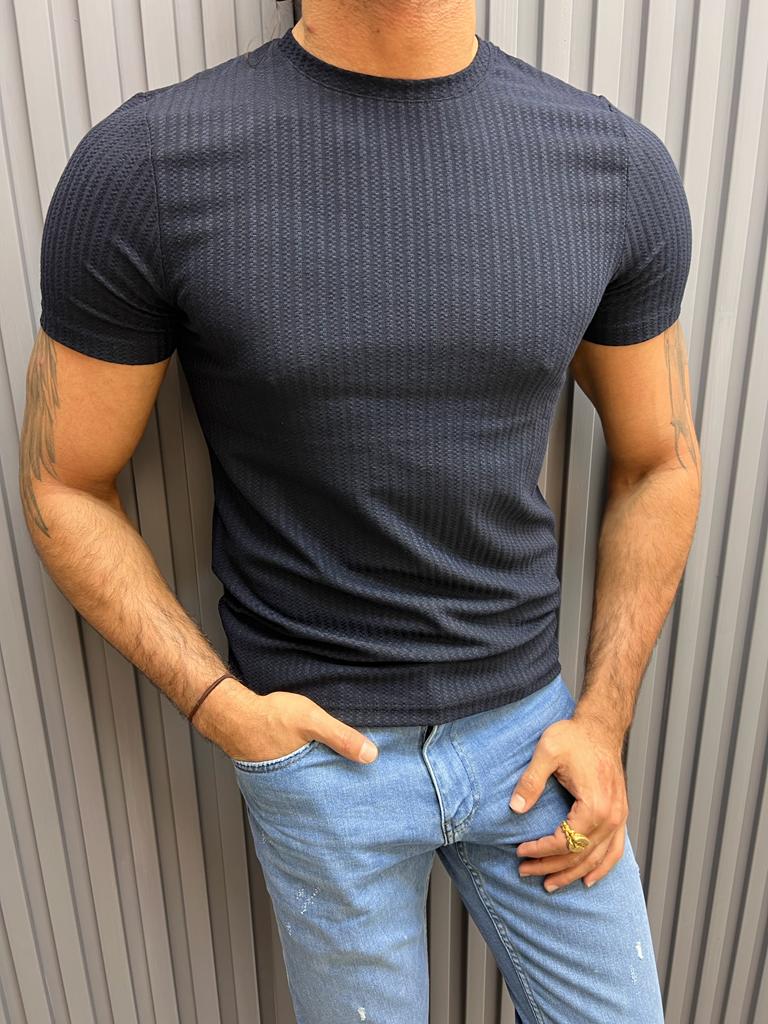 Fine Textured Crew Neck T-shirt- Dark Blue